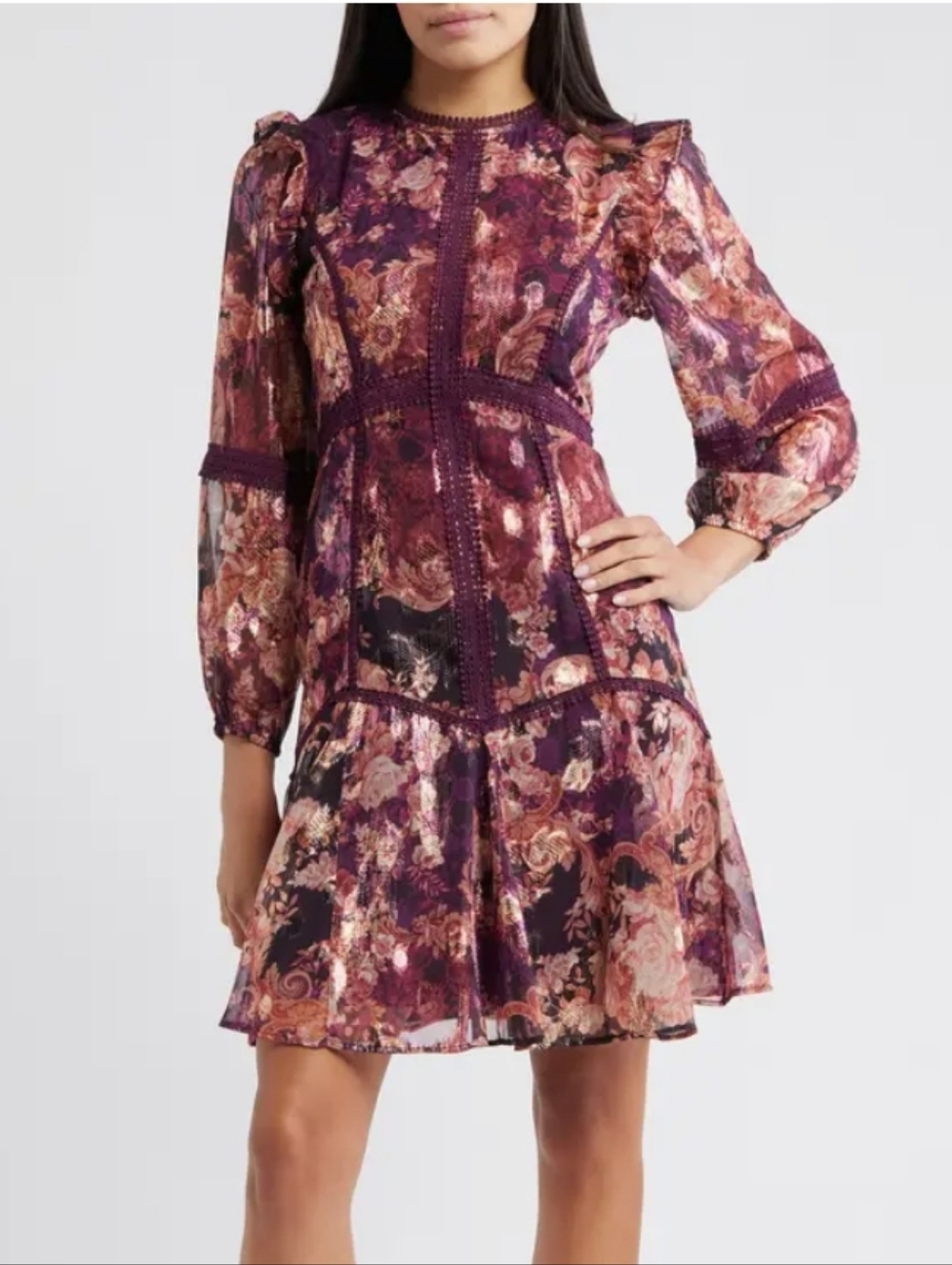 Eliza J Purple Lace Trim Long Sleeve Trapeze Dress